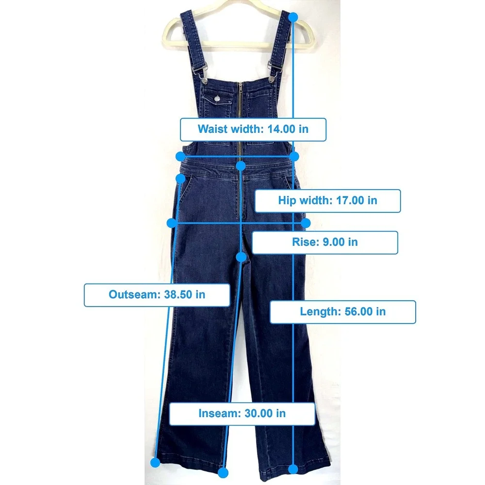 Womens Dark Wash Denim Zip Front Overalls Flare Sz S 70s Retro Festival Tradwife